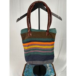 Pine Creek Striped Woven Tote Bag Colorful Leather Handles Zipper Top
